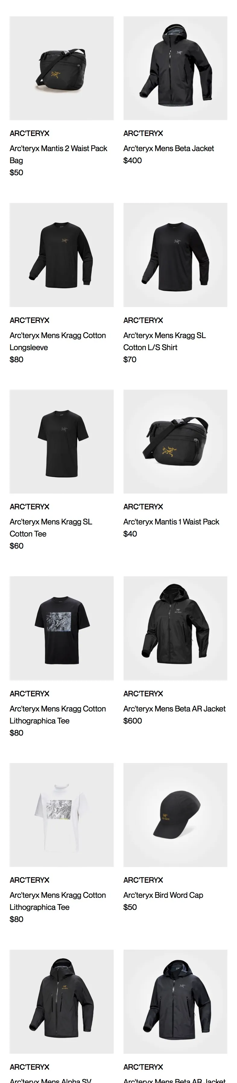 아크테릭스 스쿼미시 블랙 XL $150