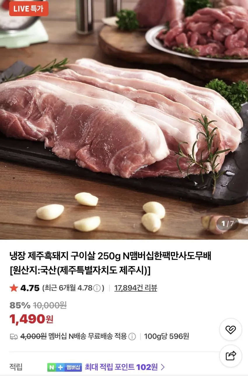 냉장 제주흑돼지 구이살 250g