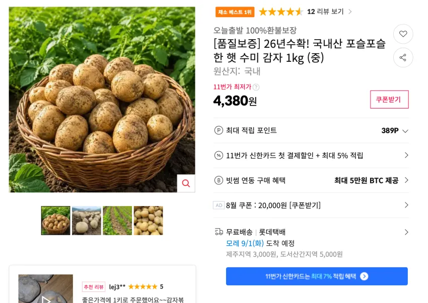국내산 햇 수미 감자 1kg