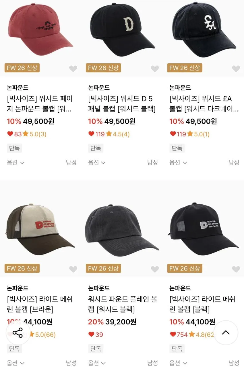 두리캡 1+1 남여공용 빅사이즈 큰머리도 얼굴작아보이는 편한 착용감 무지 대두 볼캡 블랙 화이트 베이지색상 패션모자