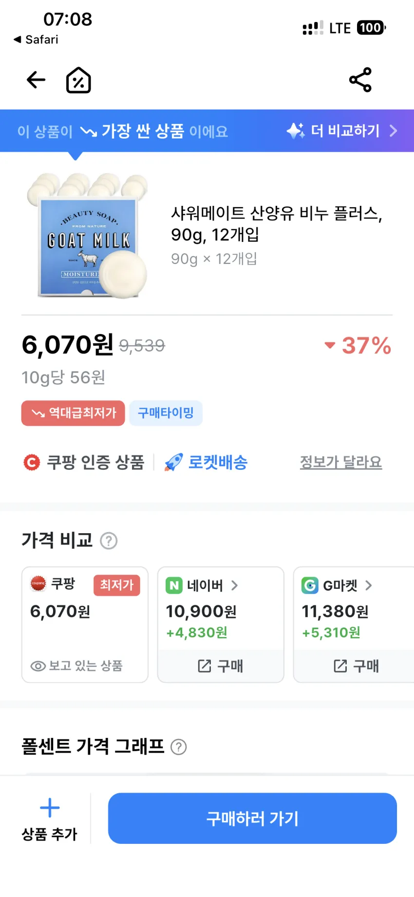 샤워메이트 산양유 비누 12개