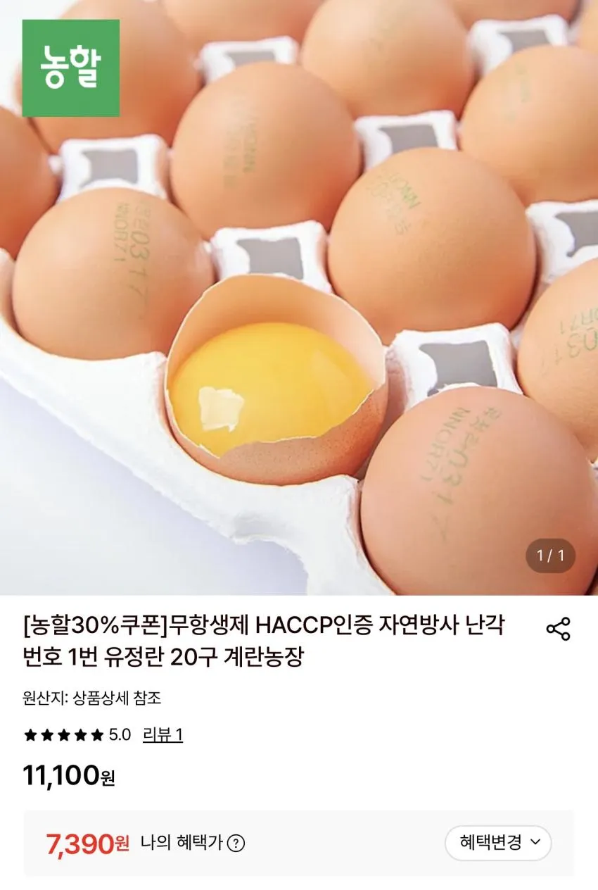 [당일산란] 난각번호 1번 유정란 무항생제 자연방목 계란 대란 20구