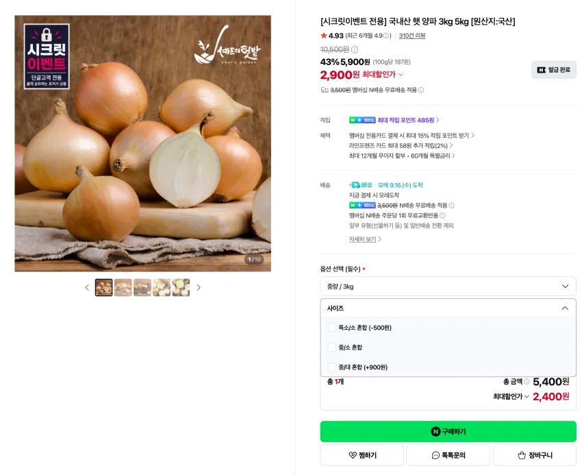 국내산 햇 양파 3kg