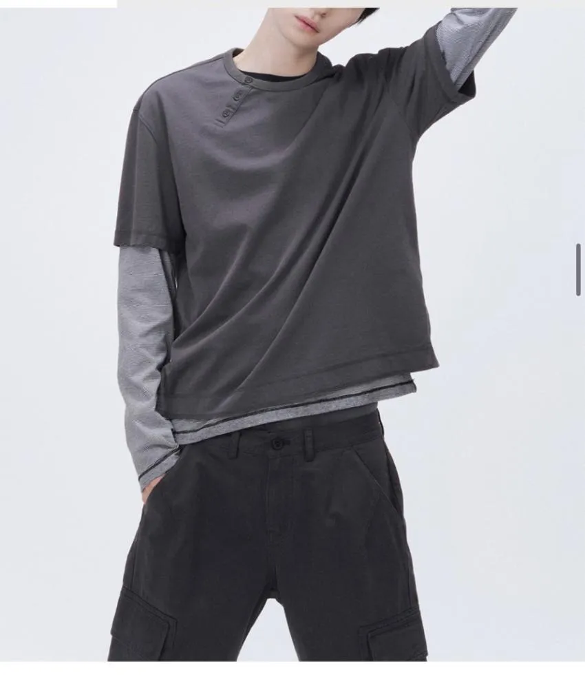 Diagonal henley neck short sleeve CHARCOAL