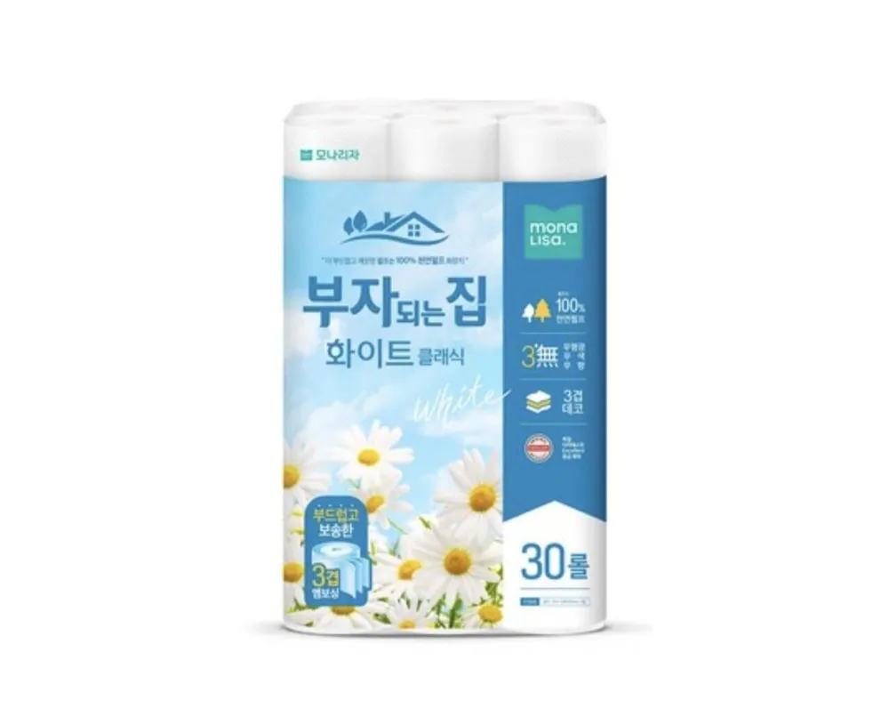 모나리자 부자되는집 화장지 화이트 3겹30롤1팩 세트4팩 천연펄프휴지, 20m, 30롤