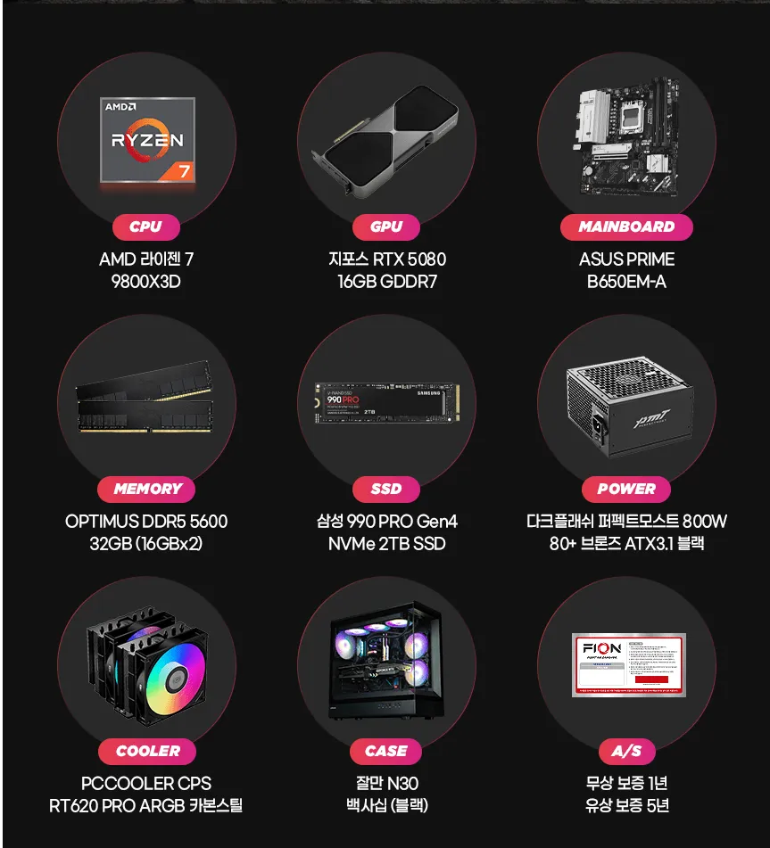 퍼플랩 2026 AMD 게이밍 라이젠7 라이젠 9000 시리즈 지포스 RTX 5080 ACX98-GX580BM