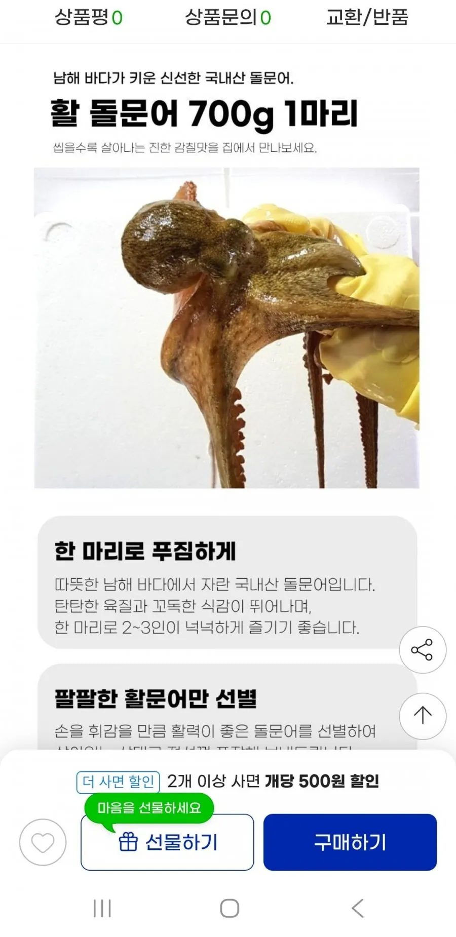 자연산 활 돌문어 1마리 700g 고정