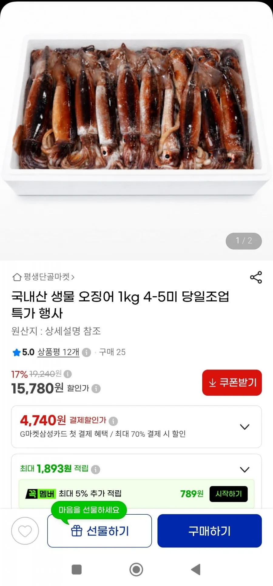 국내산 생물 오징어 1kg 4~5미