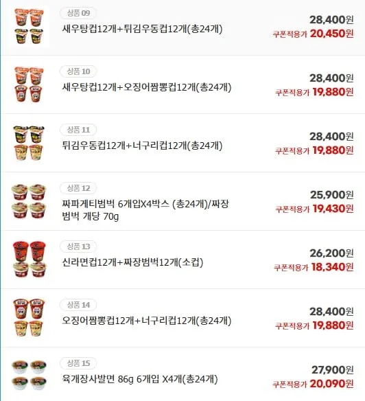 신라면+튀김우동+새우탕+오짬뽕 6입4개(총24개)