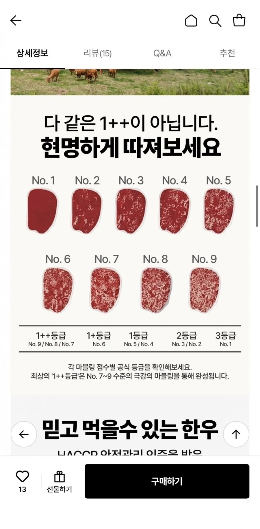 한우 최고등급 1++ 9등급 꽃갈비살, 안심, 채끝, 꽃등심 각 200G