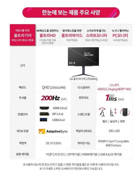 LG 게이밍모니터 27GS85Q QHD 200hz 나노패널