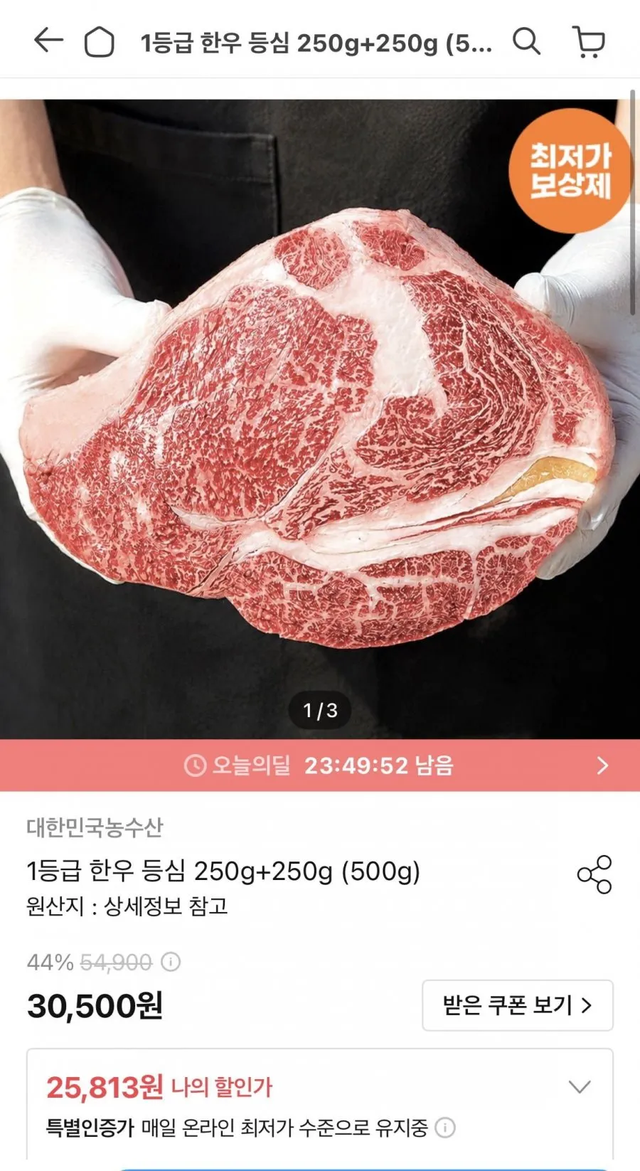1등급 한우 등심 250g+250g