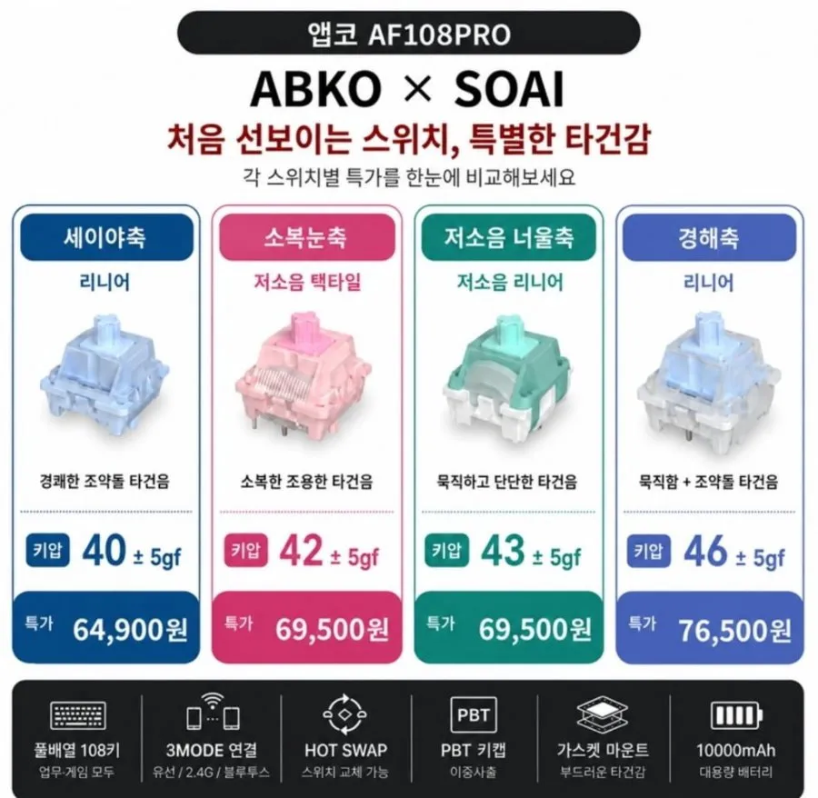 앱코 AF108PRO ABKO x SOAI 콜라보 3모드 기계식 키보드