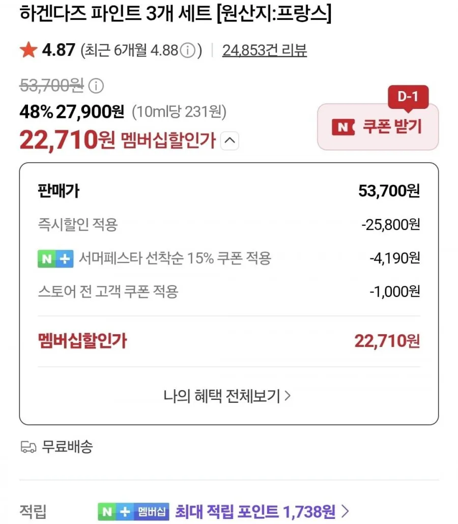 (네멤) 하겐다즈 파인트 3개