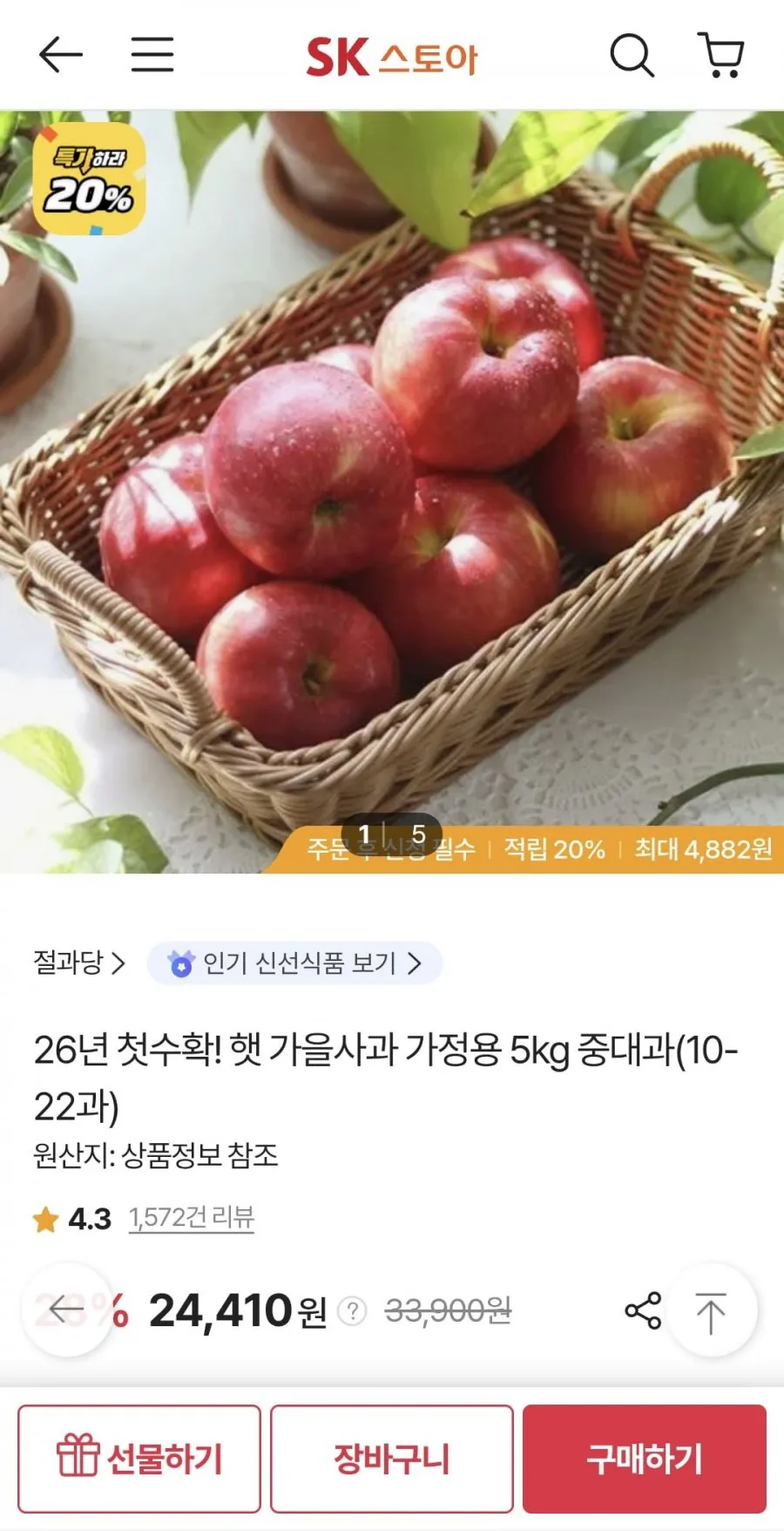 햇 가을사과 가정용 5kg 중대과(10-22과)