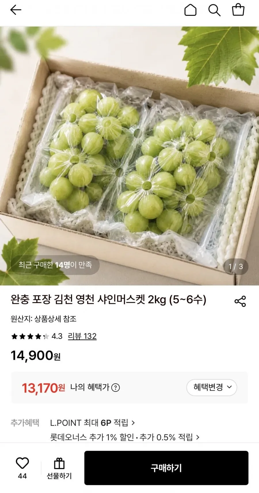 경북 김천,영천 당일수확 산지직송 고당도 특등급 샤인머스켓