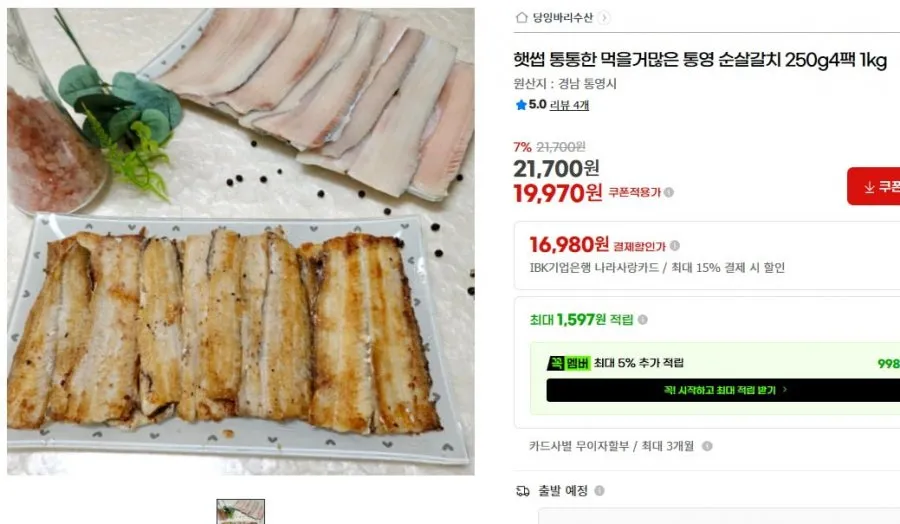 통통한 먹을거많은 통영 순살갈치 250g4팩 1kg