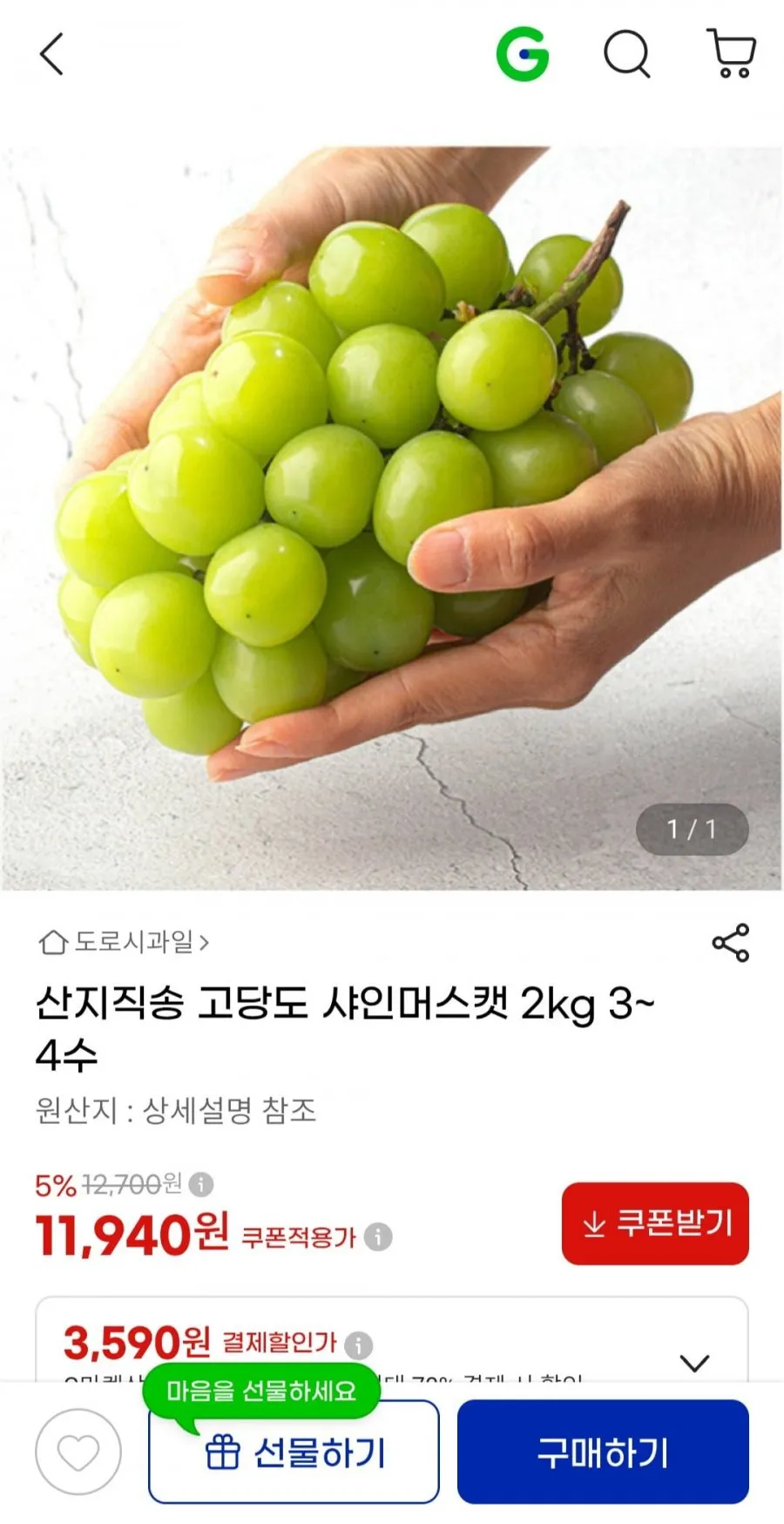 산지직송 고당도 샤인머스켓 2kg 3~4수