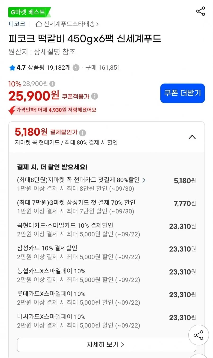 피코크 떡갈비 450g 6팩