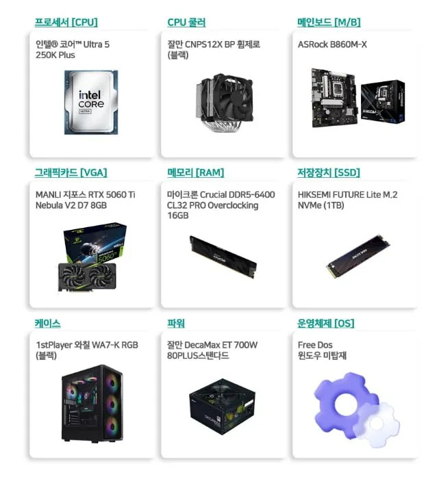 인텔 250K + RTX5060Ti + 16G + 1TB 완본체 1,899,000원/무바
