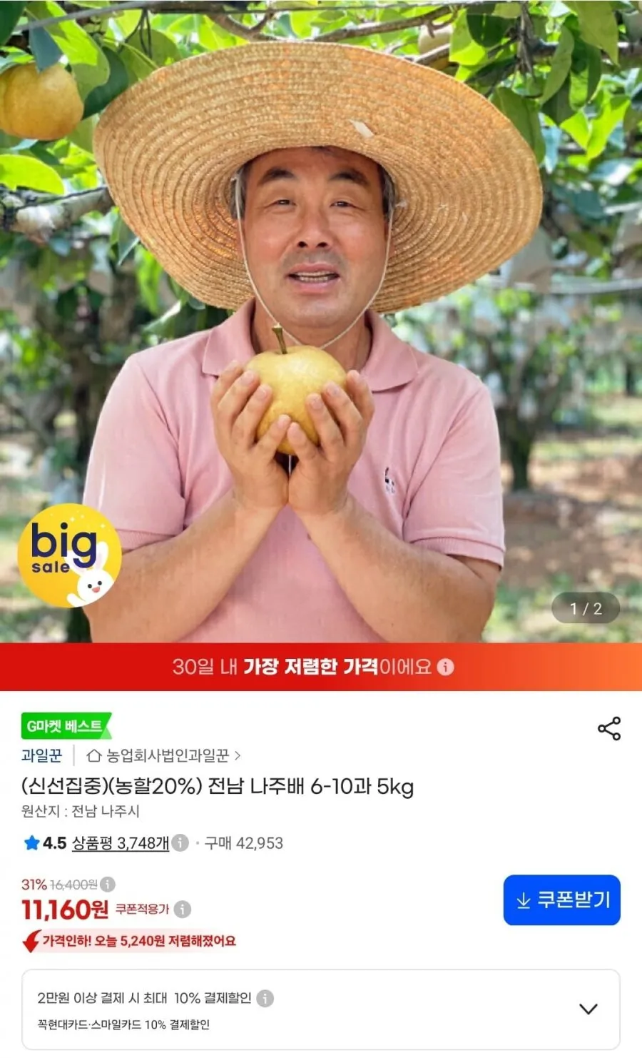 실속형 나주배 선물세트 5호 5kg (배 9과) 명절 설날 선물세트, 1개