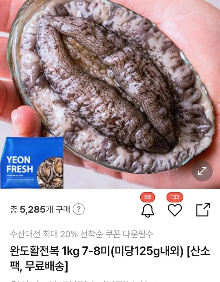 [산지직송] 싱싱한 완도 활전복 산소포장, 1개, 1kg(7-8미)
