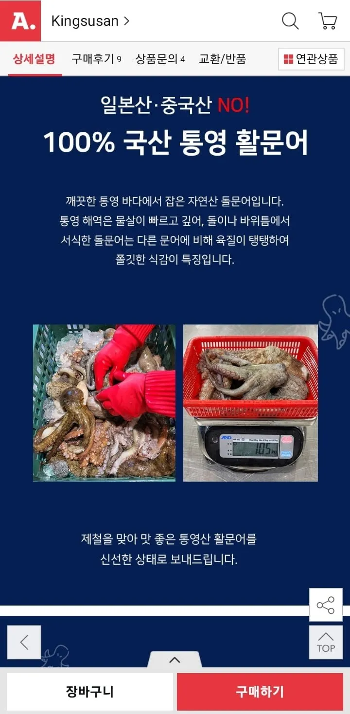 당일조업 국내산 활 돌문어 1kg 1-3미