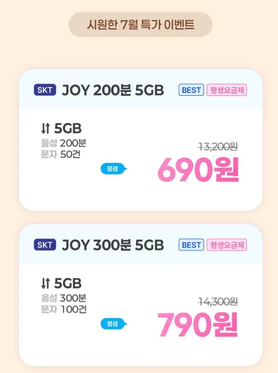 역대가 690원 SK망 200분 50건 5GB (690원/평생) 그외 다수