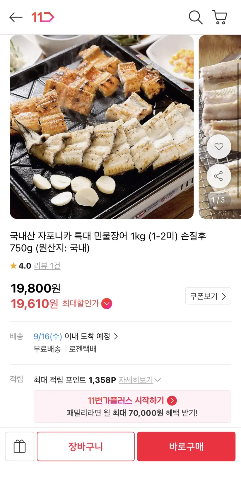 국내산 자포니카종 특대 민물장어 1kg 소스2종 초생강 손질후 600g